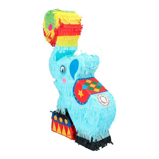 Große bunte Zirkuselefant-Piñata aus Karton mit Aufhängeschnur, 45 cm hoch.