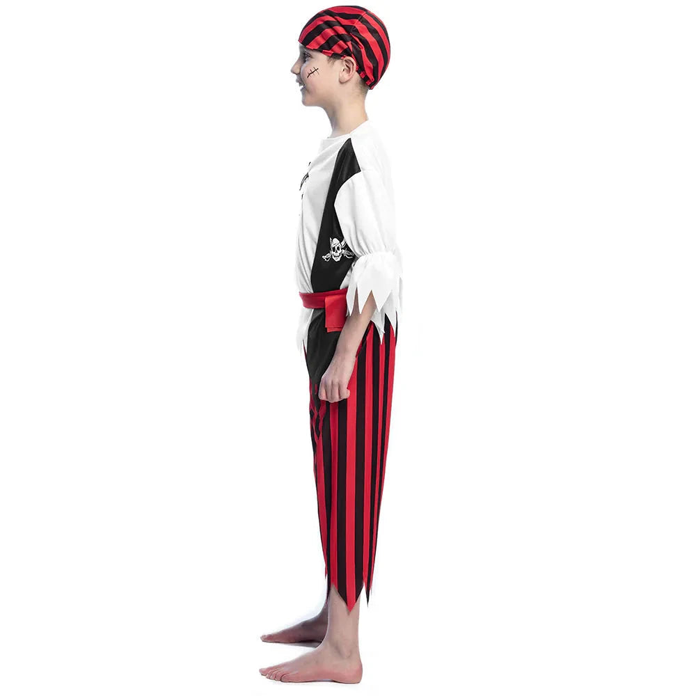 Komplettes Piratenkostüm für Kinder mit Bandana, Weste und elastischen Hosen in bunten Farben.