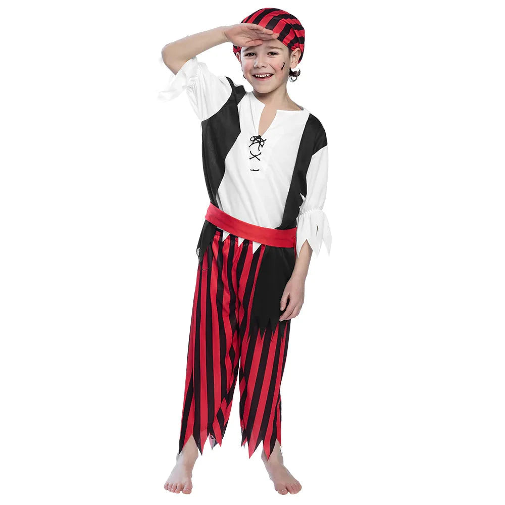 Kinder Piratenkostüm mit gestreifter Weste, Bandana und elastischer Hose in Schwarz und Weiß.