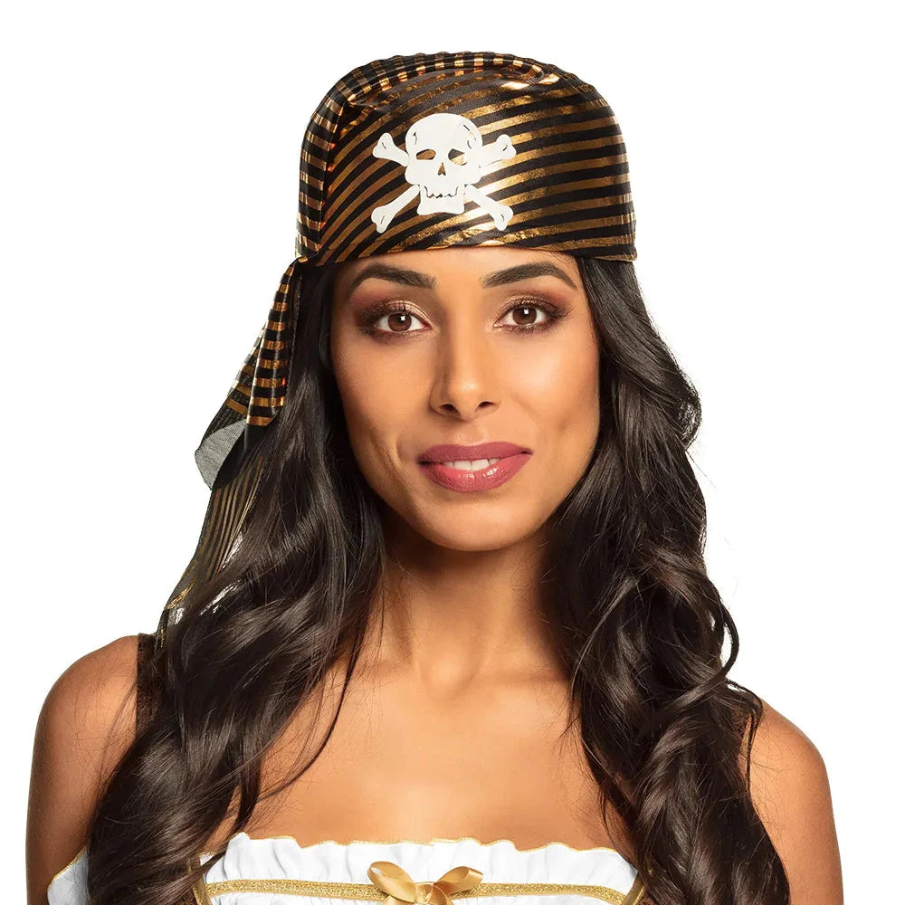 Schwarzer Velour-Filzhut mit goldener Borte und gewelltem Rand für Piratenkostüme.