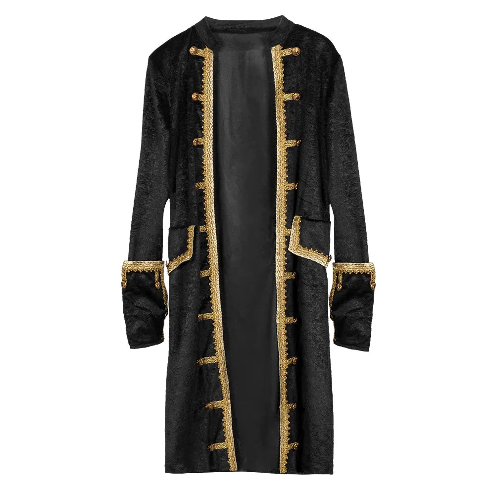 Schwarzer Piratenmantel für Damen mit goldener Borte und gewichtetem Revers.