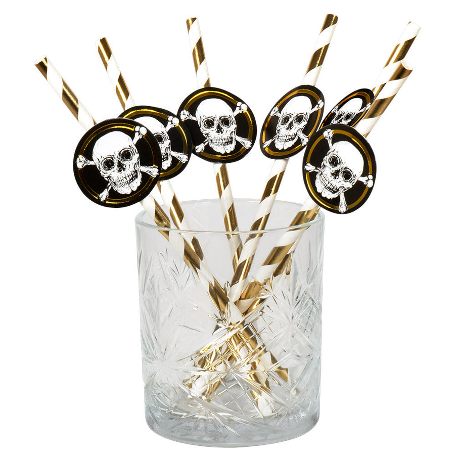Boland Piraten Pappstrohhalme Schwarz-Gold 6er-Pack 24cm – Produktansicht