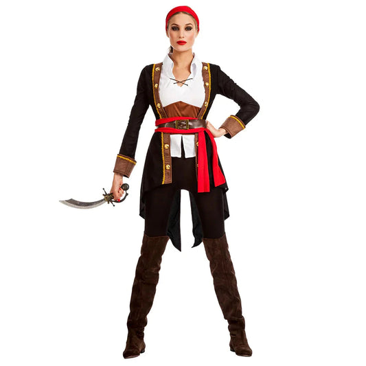 Elegantes Piratenkostüm für Damen mit schwarzem Mantel und weißen Hemd.