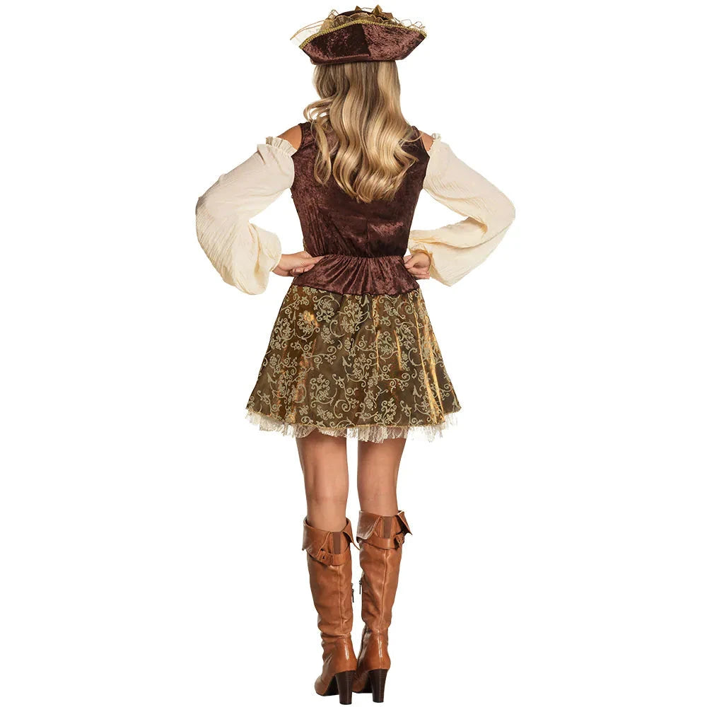 Piratenkostüm für Frauen in Spitze und Kunstleder, schwarz mit roten Akzenten und Korsett.