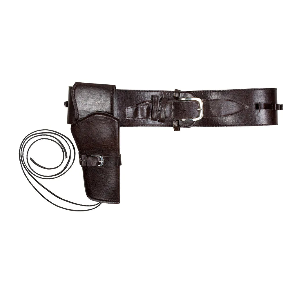 Braunes Lederpistolenholster mit 112 cm Gürtel-Schlaufe, schlankes Design und offene Aufbewahrung.