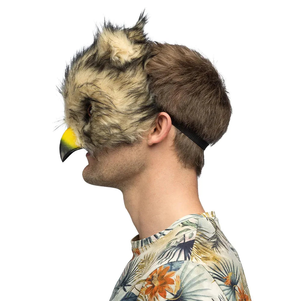 Plüsch-Eulen-Halbmaske mit 3D-Schnabel und realistischem Federdesign in sanften Farben.