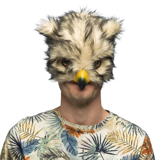 Halbmaske eines Eulenmotivs aus Plüsch, weich und realistisch, in natürlichen Farben.