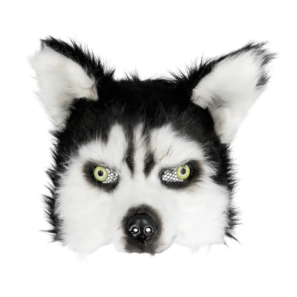 Realistische Boland Plüsch Husky Halbmaske mit blauen Augen und weichem, atmungsaktivem Material.