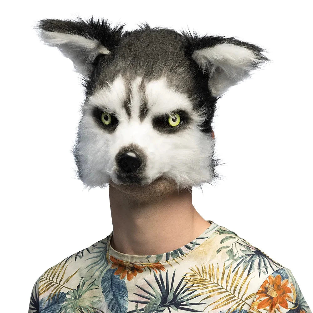 Plüsch Husky Halbmaske mit realistischen Details und blauen Augen auf hellem Hintergrund.
