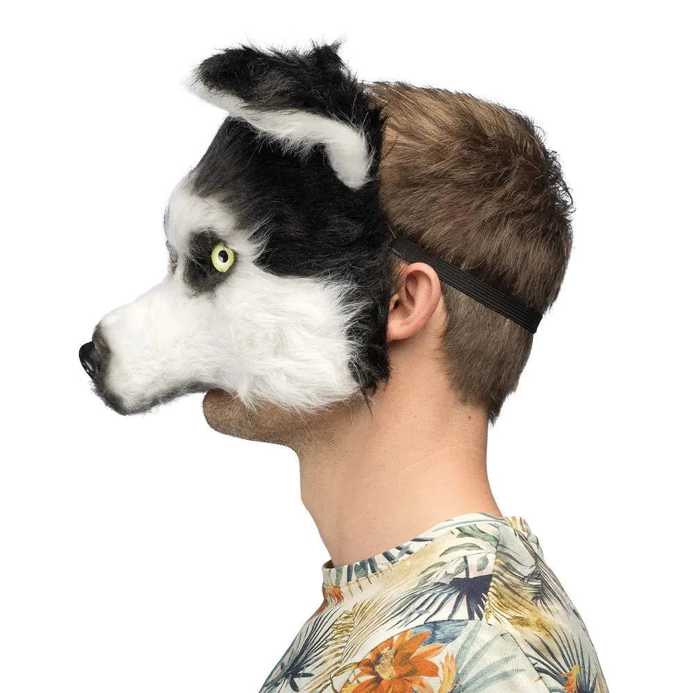 Realistische Plüsch Husky Halbmaske mit blauen Augen und weichem, gemütlichem Material.