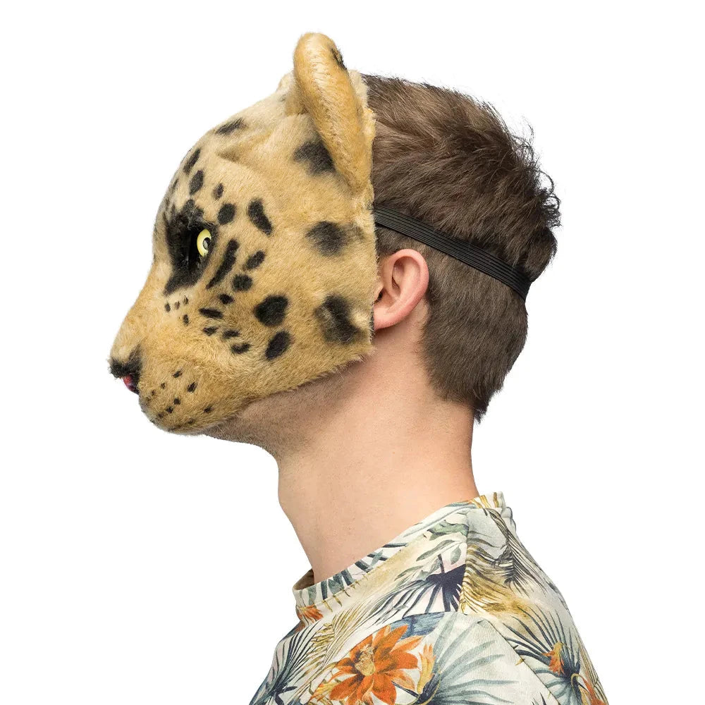 Halbmaske aus weichem Kunstfell mit Leopardenmuster und aufrechten Ohren in Braun und Schwarz.