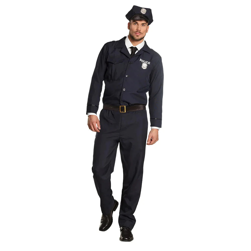 Boland Polizei Herrenkostüm mit Mütze, Shirt, Gürtel und Hose in Blau und Schwarz.