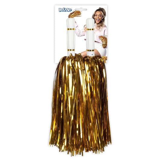 Zwei goldene Metallic-Pompons mit ergonomischem Griff für Cheerleading und Karneval.