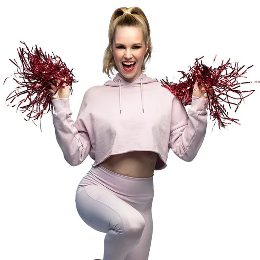 Rote metallic Pompons in zwei Stück, ideal für Cheerleading und festliche Anlässe.