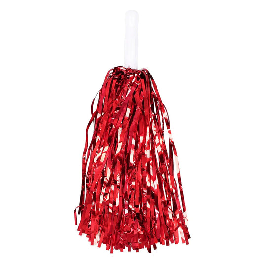 Zwei rote metallic Pompons aus robusten Fäden für Cheerleading und Partyzwecke.