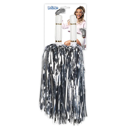 Zwei silberne Pompons mit glänzenden Fransen und weißen Griffen für Cheerleading und Tanz.