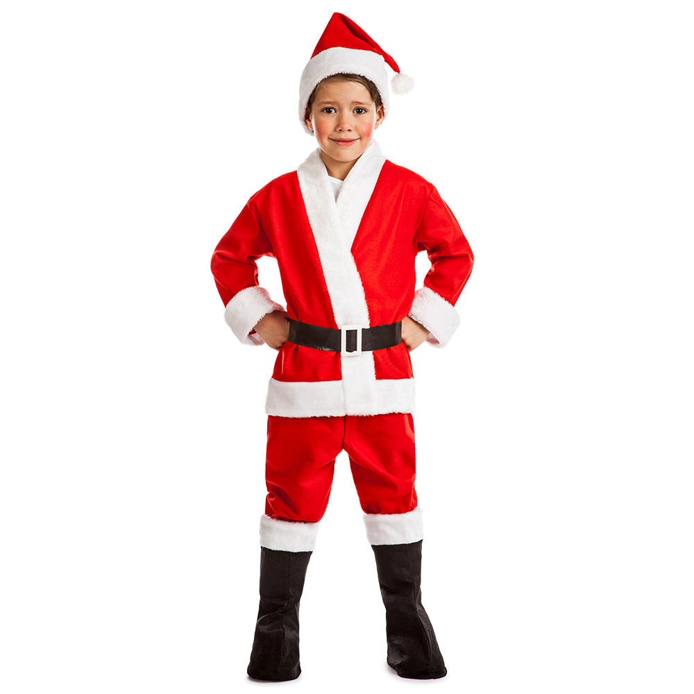 Fünfteiliges Weihnachtsmannkostüm für Jungen in Rot und Weiß mit Jacke, Hose und Mütze.