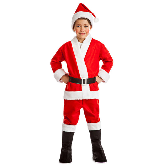 Fünfteiliges Weihnachtsmannkostüm für Jungen in Rot und Weiß mit Jacke, Hose und Mütze.