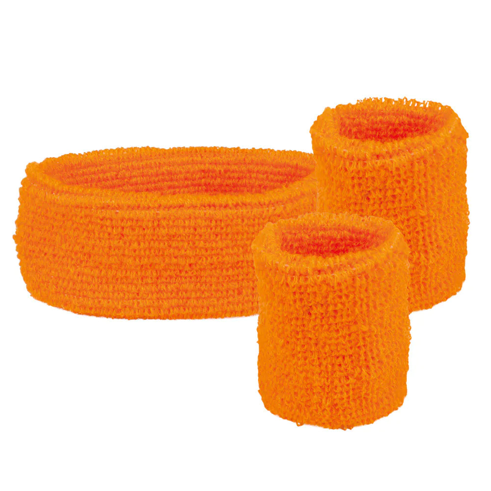 Drei neonorange Sweatbands aus weichem Baumwollmix mit elastischem Bund für Sport.