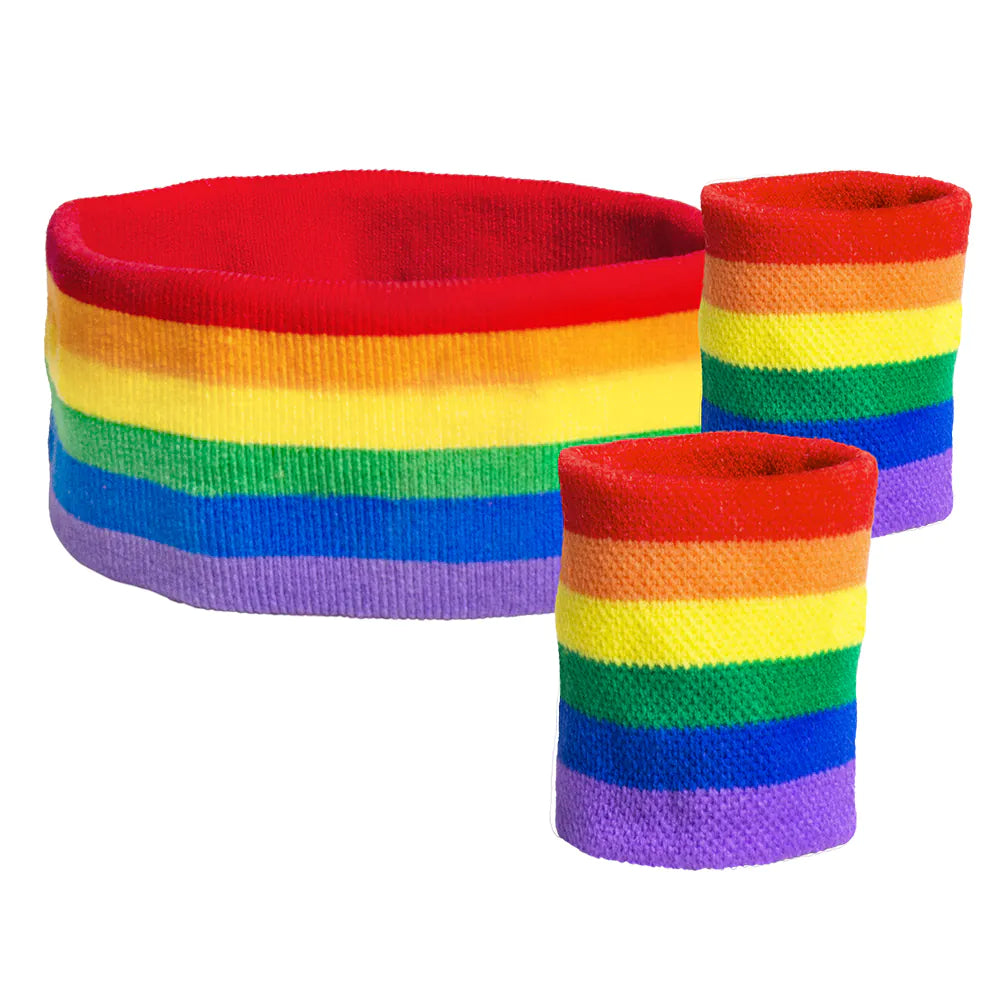 Drei bunte Regenbogen-Sweatbänder aus Baumwolle-Polyester für den Sport.