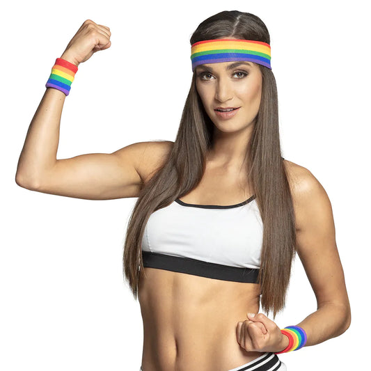 Drei bunte Regenbogen-Sweatbands aus Baumwoll-Polyester für Handgelenke beim Sport