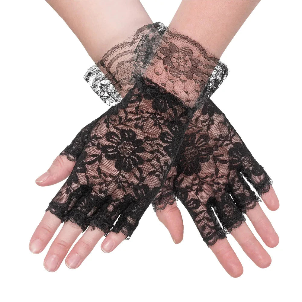 Schwarze Spitzen-Fingerhandschuhe im Gatsby-Stil für Frauen, elegant und atmungsaktiv.
