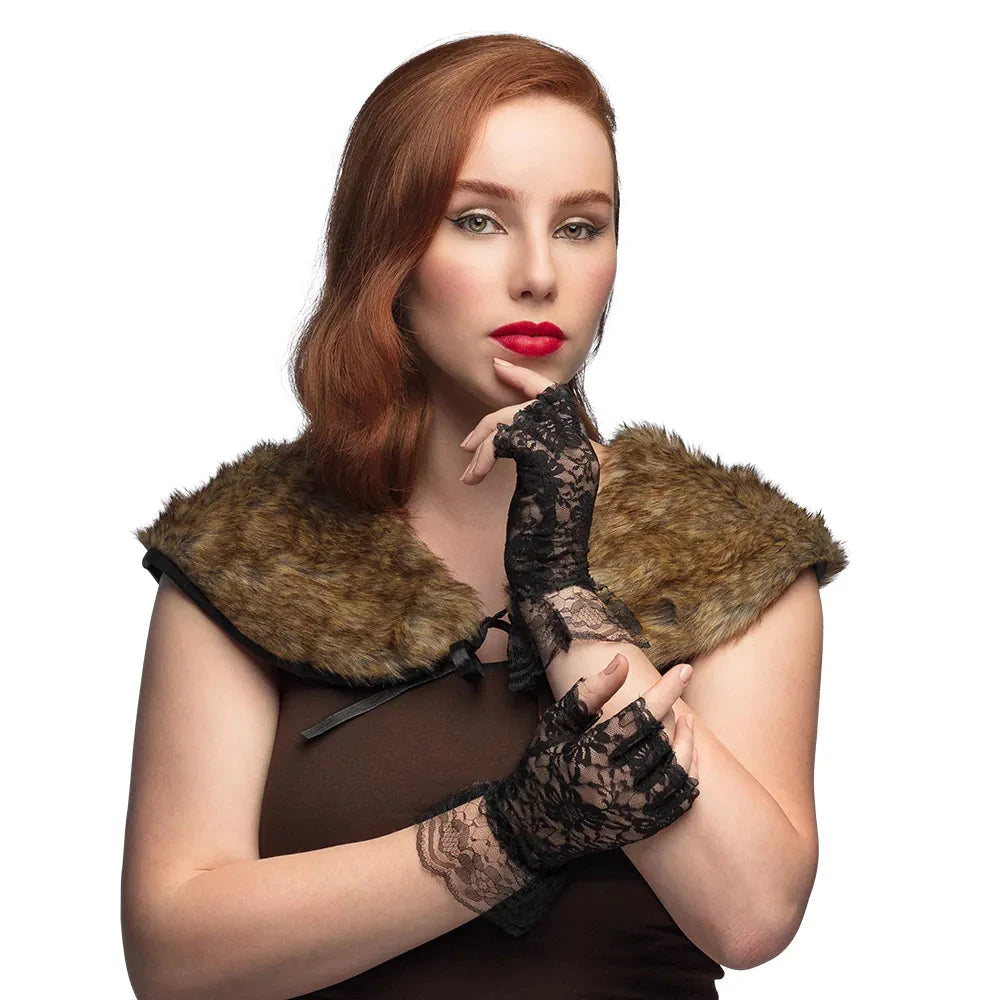 Schwarze Spitzenhandschuhe ohne Finger im 1920er Gatsby-Stil für Frauen.