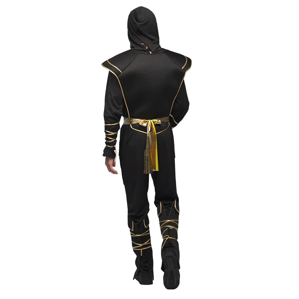 Schwarzer Ninja-Hanzo Herren-Overall mit Kapuze, Maske, Gürtel und Beinschützern
