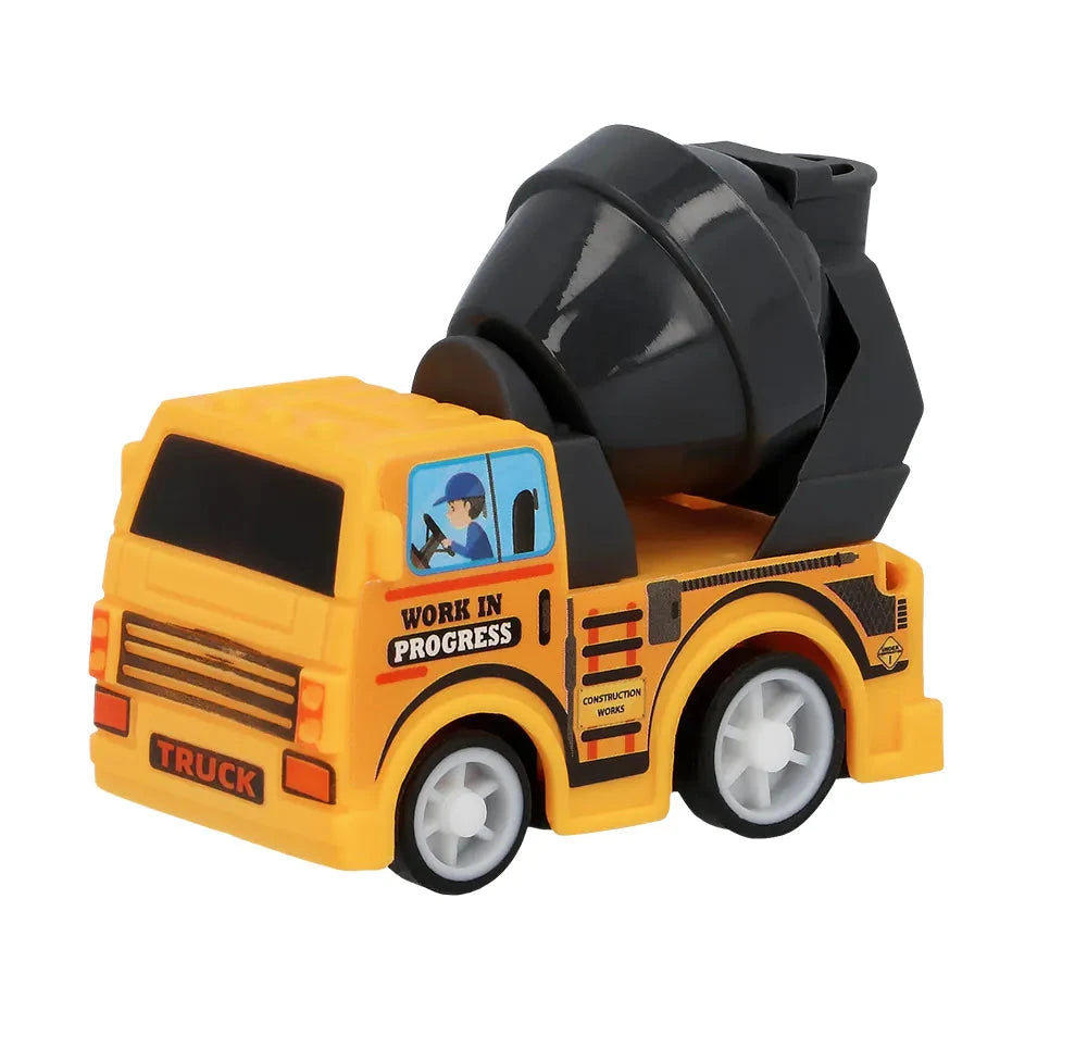 Set aus vier Mini-Bauwagen in bunten Farben: Bagger, Dumper, Kran und Muldenkipper.