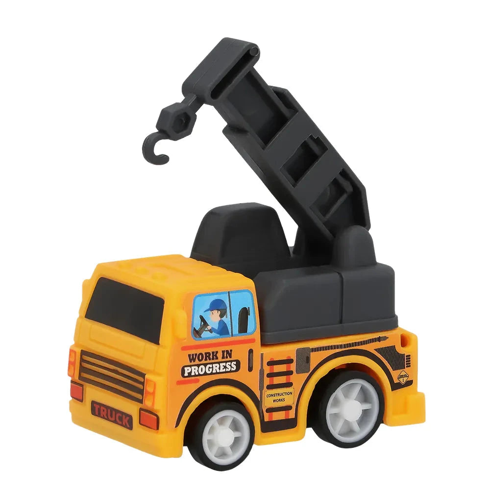 Vier Mini-Bauwagen in verschiedenen Farben: Bagger, Dumper, Kran und Muldenkipper.