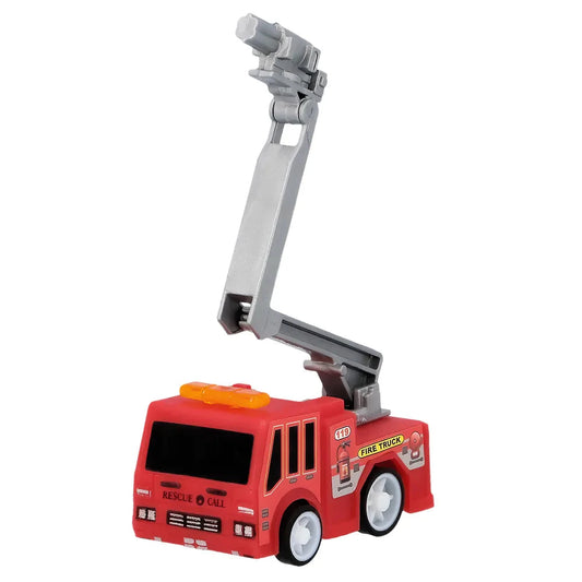 Vier Mini-Feuerwehrfahrzeuge in verschiedenen Farben mit Rückziehmechanismus.