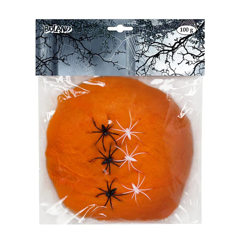 Boland Neon Orange Spinngewebe – 100g UV-Reaktiv Mit 6 Realistischen Spinnen - Fasnacht24.ch