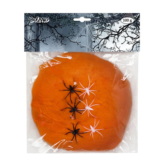 Boland Neon Orange Spinngewebe – 100g UV-Reaktiv Mit 6 Realistischen Spinnen - Fasnacht24.ch
