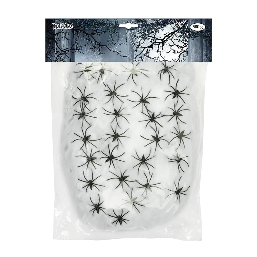 Pack of 500g white stretchable spider web with 25 black spiders for Halloween decor.