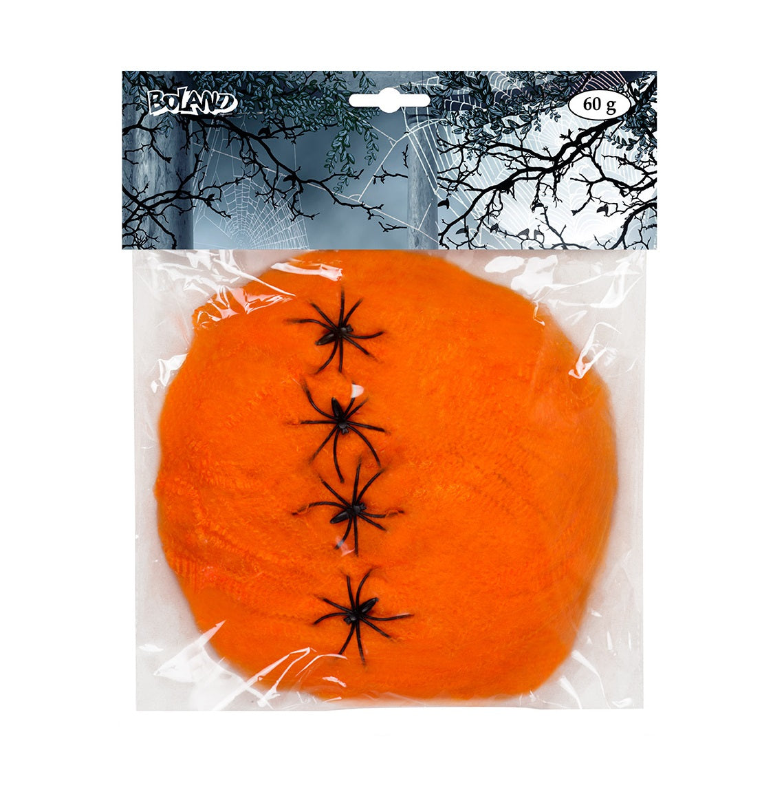 Orange spider web decor in 60g package with four black plastic spiders for Halloween.