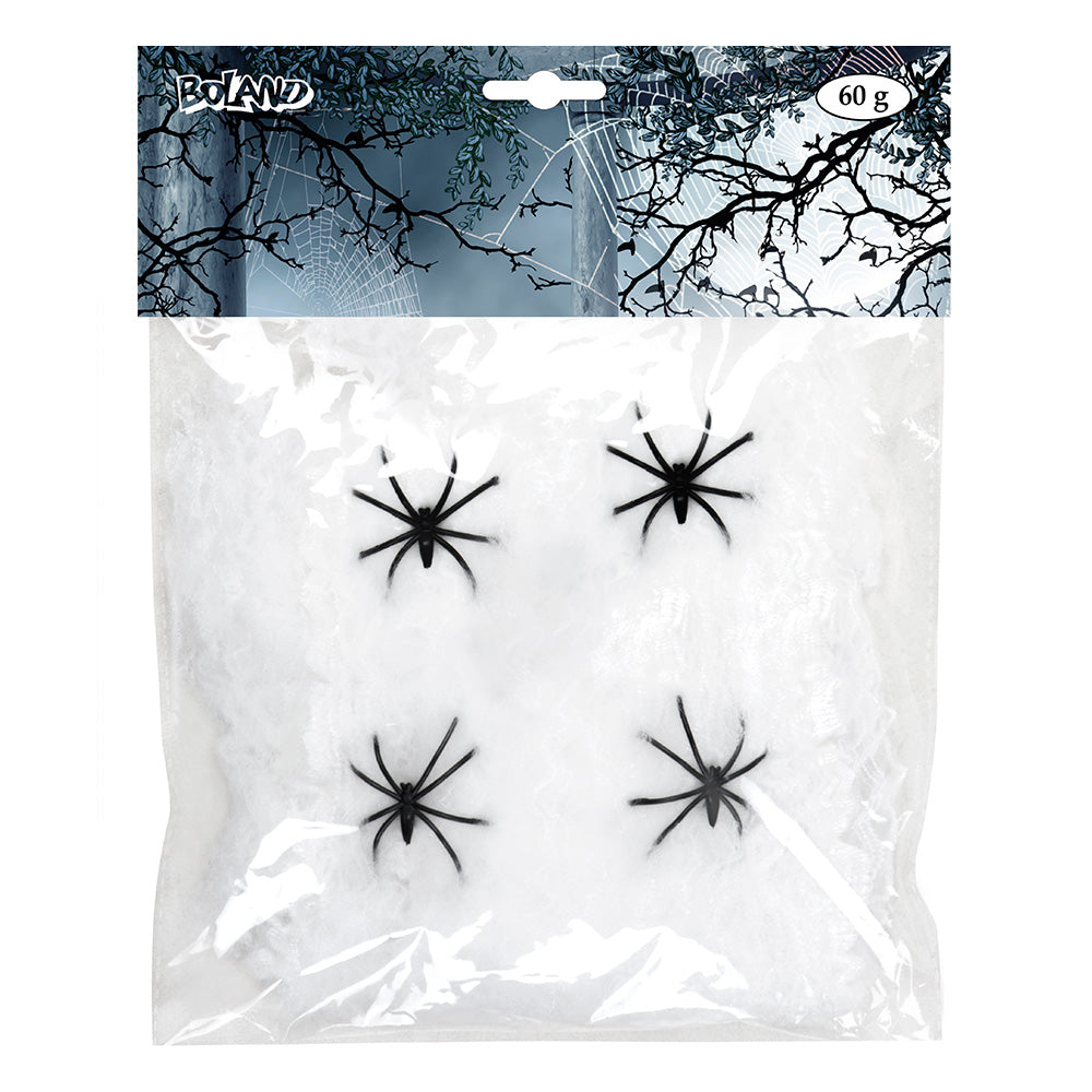 White cobweb decoration with 4 black spiders, 60g, in clear plastic packaging.