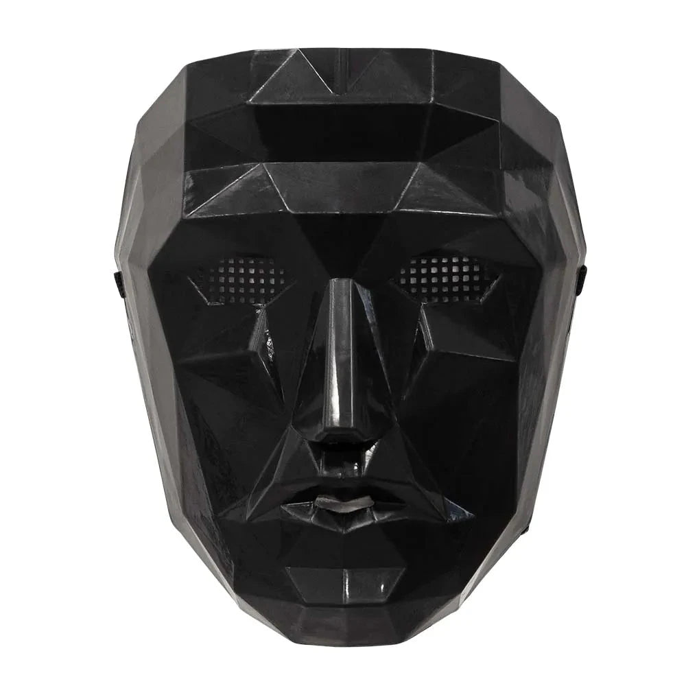Schwarze ABS-Maske mit geometrischen Linien und breiten Augenöffnungen für gute Sicht.