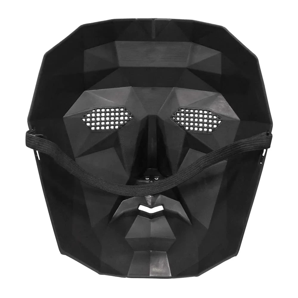 Schwarze Front Man Maske aus ABS mit geometrischem Design und breiten Sehschlitzen aus Squid Game