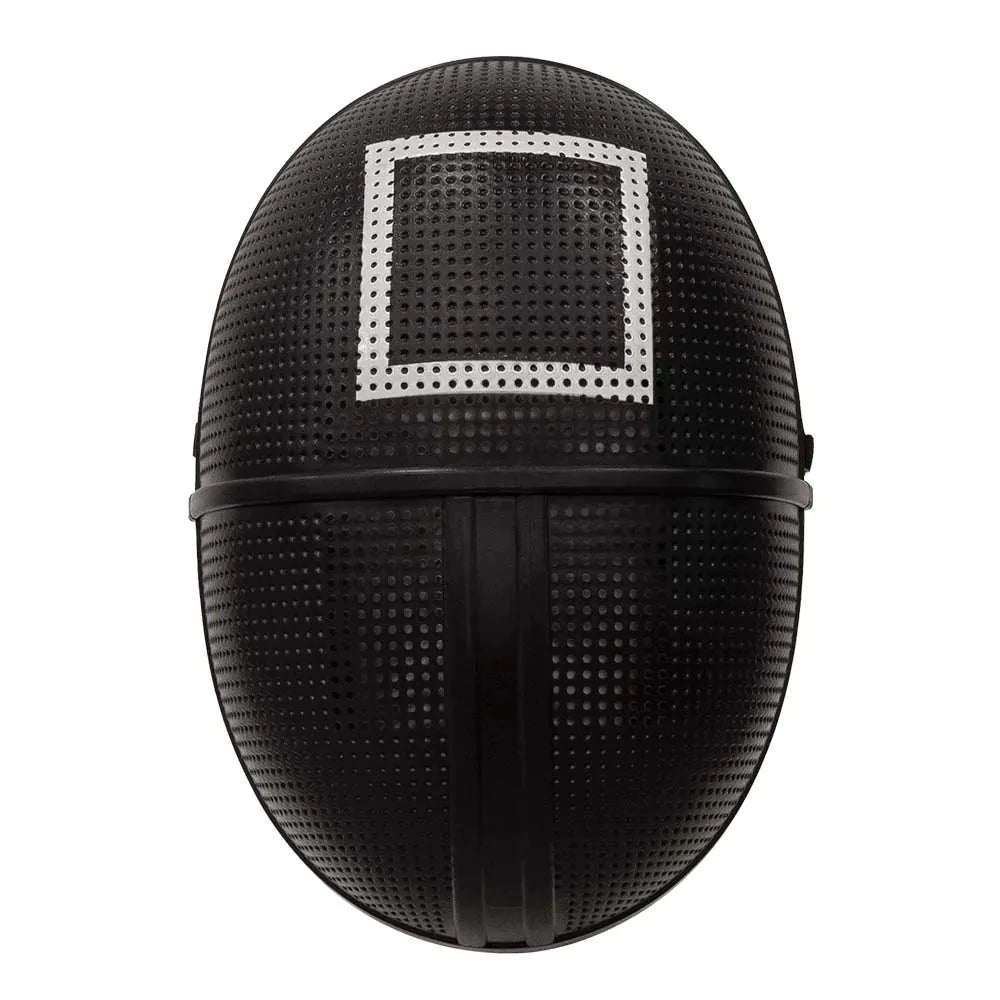 Mattschwarze Squid Game Maske mit quadratischer Front und elastischem Band für Erwachsene.