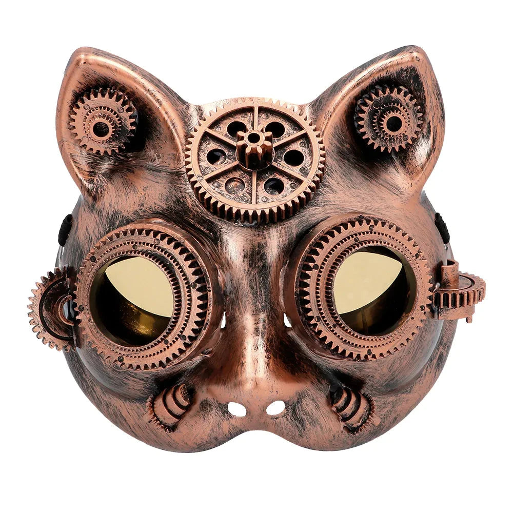 Braune Steampunk-Halbmaske aus Kunstleder mit Katzenohren und Messingnieten, elastisch getragen