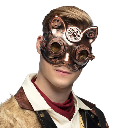 Braune Steampunk Halbmaske aus Kunstleder mit Katzenohren und Messing-Nieten, elastisch.