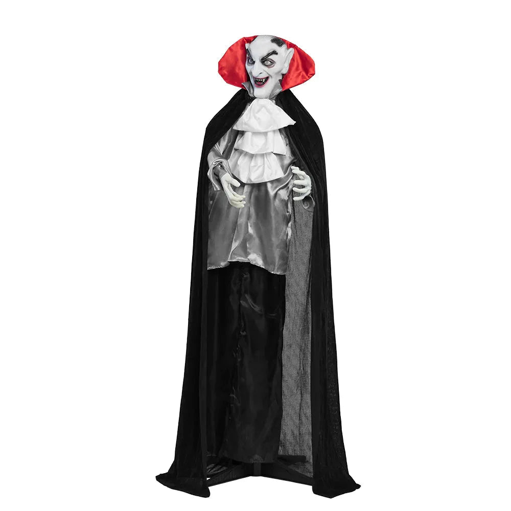 Animated laughing vampire decoration, 165 cm tall, with motion and sound activation.