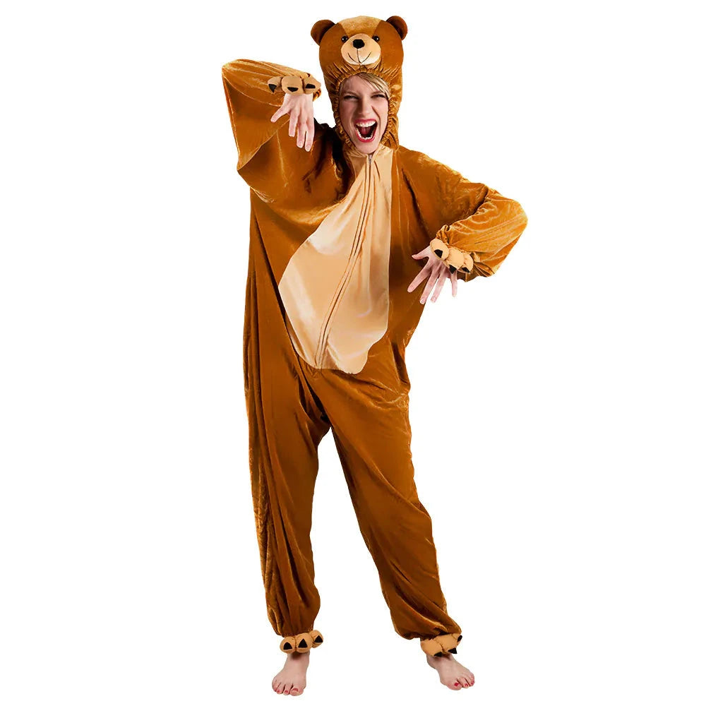 Plüsch Bärenkostüm Overall für Erwachsene mit Kapuze in Braun und praktischen Seitentaschen.