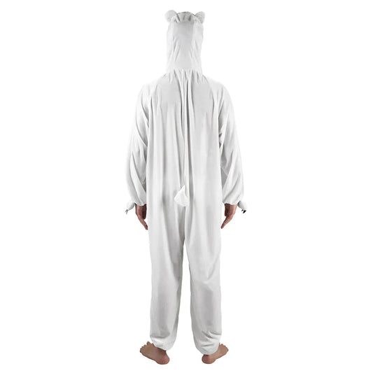 Hooded Overall in Form eines weißen Bären aus weichem Plüsch, ideal für Kostümpartys.