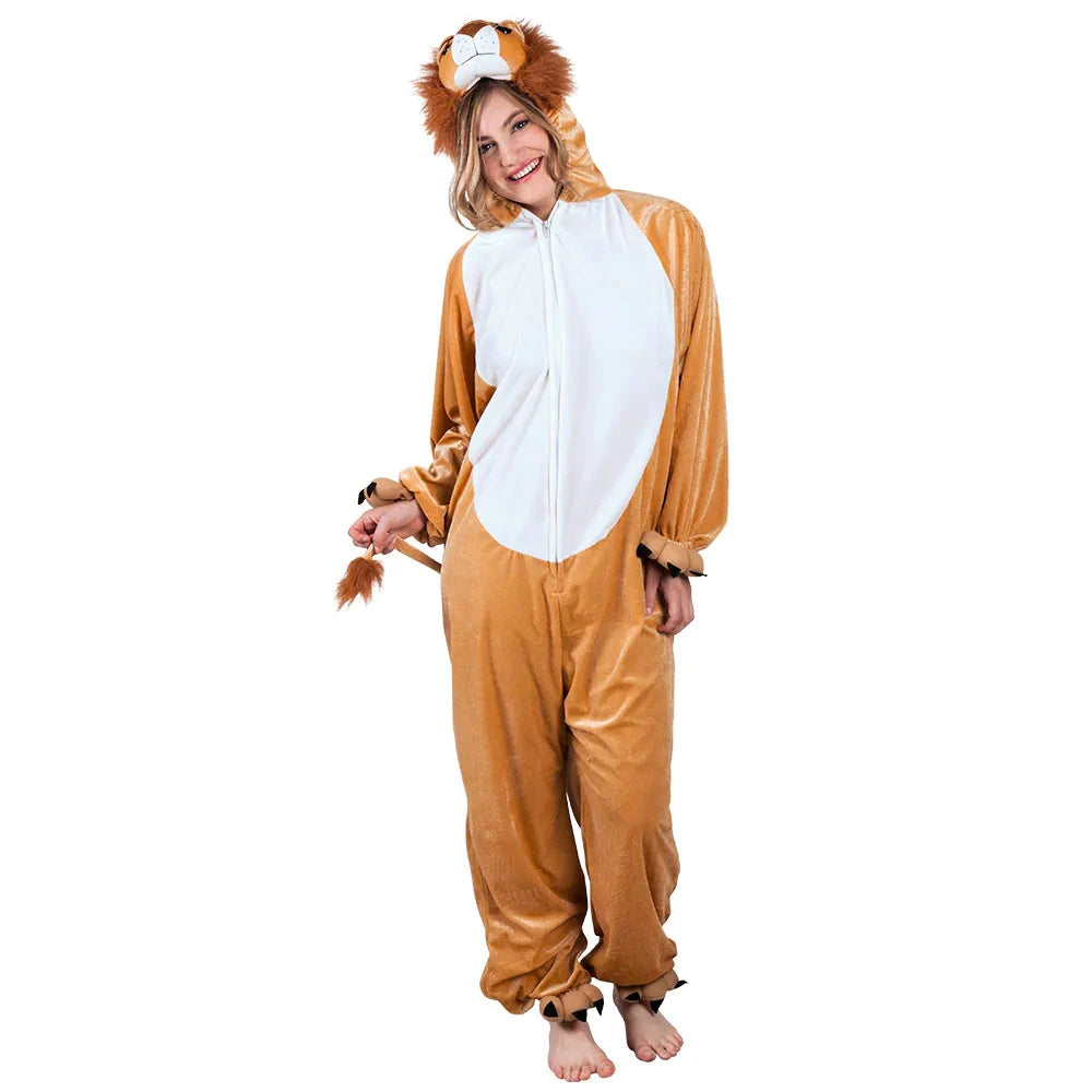 Kuschelweicher, brauner Plüschoverall mit Löwenmähne und Ohren, ideal für Kostümpartys.