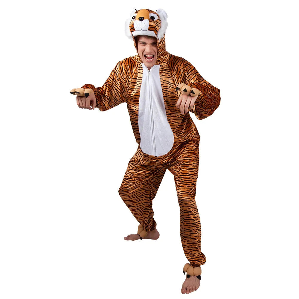 Unisex Tiger-Kostüm aus weichem Plüsch mit Kapuze und integrierten Fäustlingen in Orange und Schwarz.