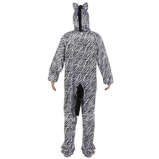 Hooded Zebra Plüschoverall für Erwachsene in Schwarz und Weiß mit durchgehendem Reißverschluss.