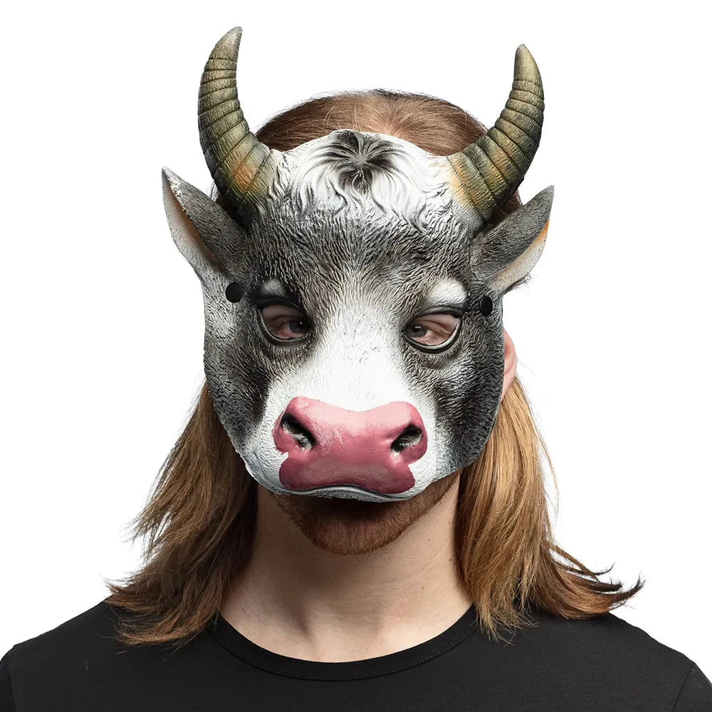 Halbmaske einer Kuh aus weichem Schaumstoff mit lustigen Hörnern für Fasching und Mottopartys.