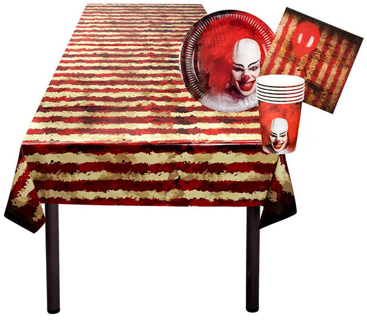 Boland Horror Clown Tischset – 6 Teller, 6 Becher, 12 Servietten, Tischdecke - Fasnacht24.ch