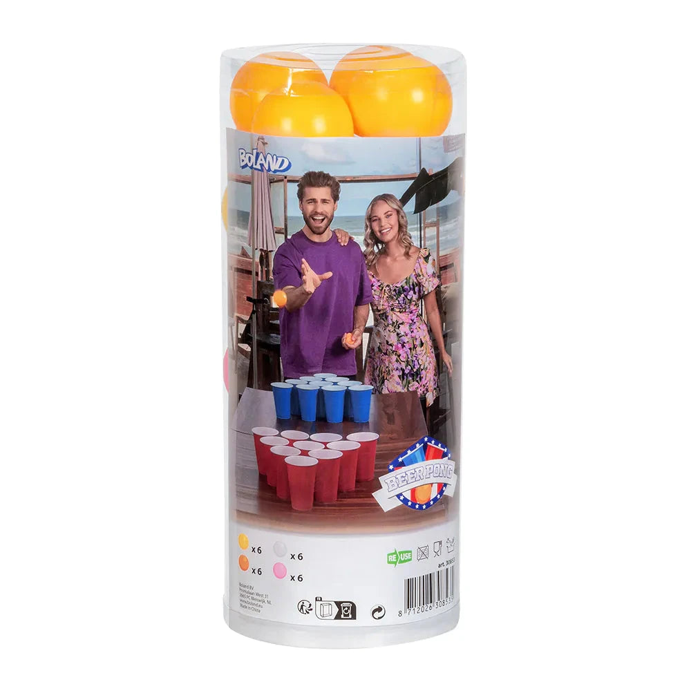 Set aus 24 bunten Beer Pong Bällen in 40mm Größe, ideal für Trinkspiele und Partys.
